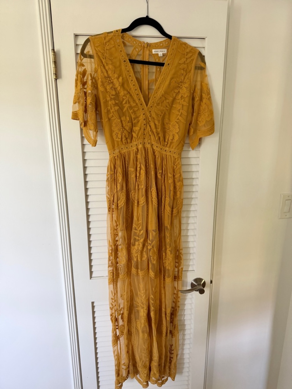 Honey Punch Mustard Yellow Embroidered V-Neck Maxi Dress